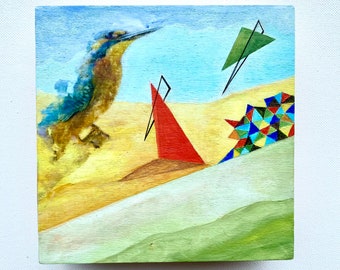 Green Surreal Geometric Painting with Bird and Whimsy