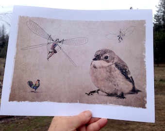Bird Wall Art Collage Flying Machine Whimsy Surreal
