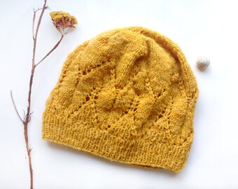 Yellow Lace Beanie Hat Hand Knitted Organic Yarn Natural