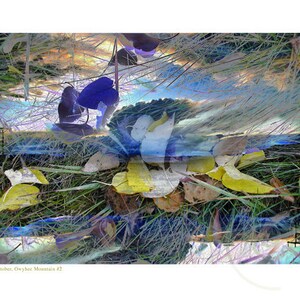 May include: A digital art piece with a blue, purple, and yellow color scheme. The image features a landscape with a sky, grass, and leaves. The text "October, Owyhee Mountain #2" is at the bottom of the image.