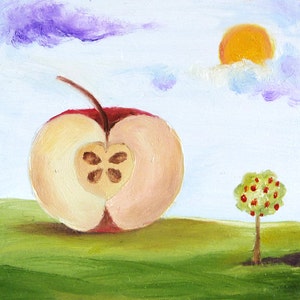 Original oil painting, landscape, autumn, apple, folk art, primitive art, small 4 x 4