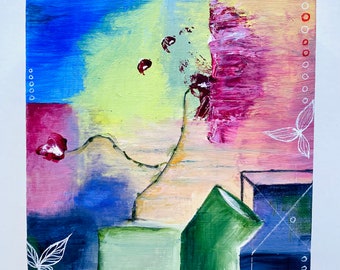 Abstract Rose Original acrylic painting, surreal, wall art, folk, primitive art