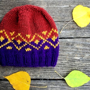 Beanie Hat Hand Knitted Purple Red Original Design Gift for Him Gift for Her