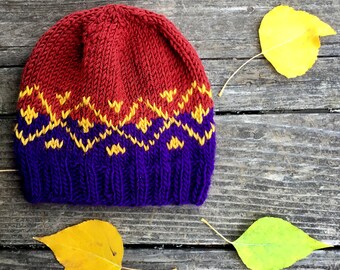 Beanie Hat Hand Knitted Purple Red Original Design Gift for Him Gift for Her