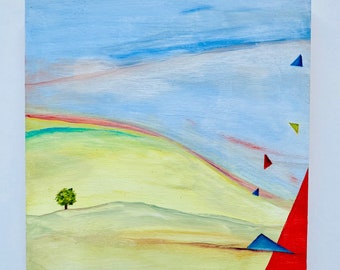 Landscape with Tree Original acrylic painting, surreal, wall art, folk, primitive art