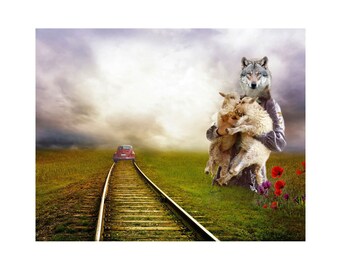 Whimsical Surreal Collage Art Wolf Women Lamb Red Volkswagen