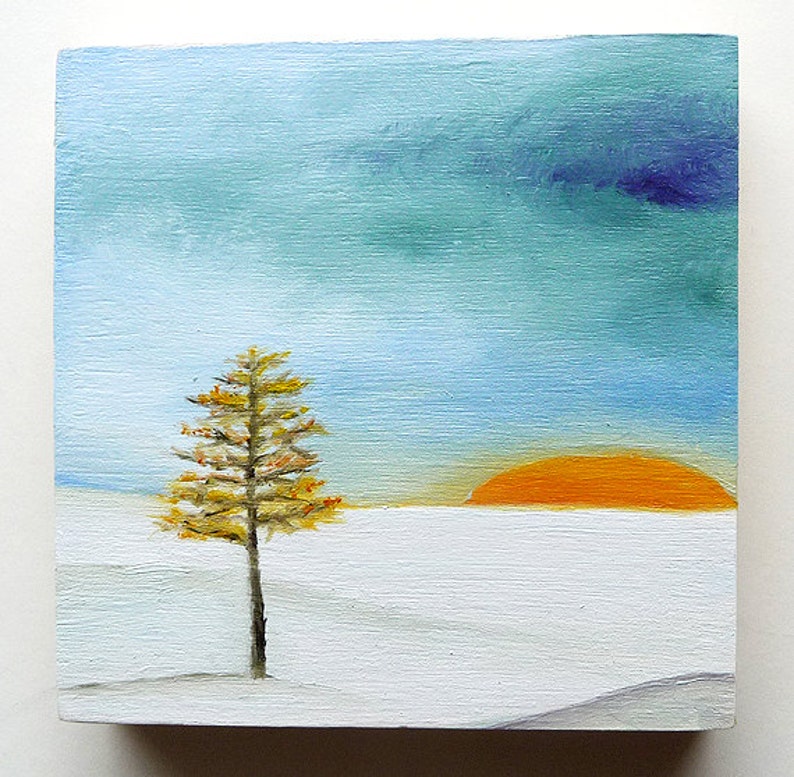 Surreal Winter Landscape Sunset Tree Original oil painting, folk art, primitive art image 1