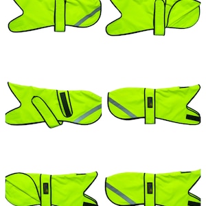 Może przedstawiać: Jas dla psa w jaskrawym żółtym kolorze z odblaskowymi paskami i czarnym paskiem. Kurtka została zaprojektowana, aby psy były ciepłe i widoczne w warunkach słabego oświetlenia.