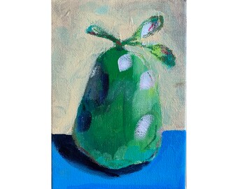 Pear Painting, Original Art, Pear Art, Fruit, 5 x 7, Acrylic Painting on Canvas