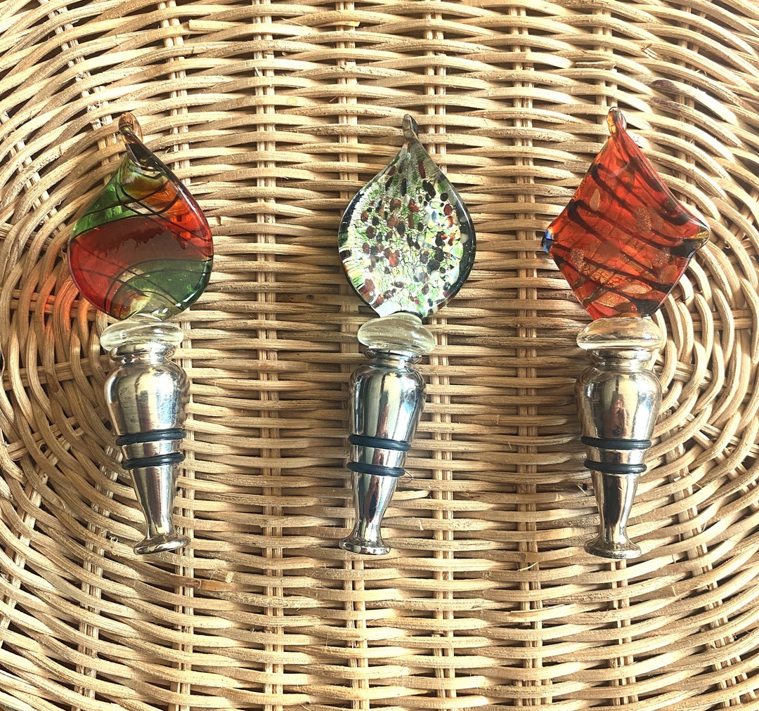 3 Art Glass Wine Bottle Stoppers Colorful Glass Etsy