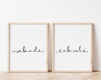 Inhale Exhale Hand Drawn Script Print Set of 2, Mindfulness Wall Decor, Yoga Gift