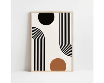 Impressão artística em preto e terracota de meados do século XX, decoração de parede com arco geométrico, arte para sala de estar.