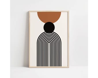 May include: Abstract art print in a wooden frame. The artwork features a brown semi-circle at the top, a black circle below it, and a series of black and white arched lines. The background is off-white.