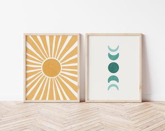 Boho Sun and Moon Art Print Set, Celestial Wall Decor Set of 2, Boho Bedroom