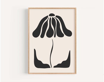 Black Retro Flower Art Print, Vintage Style Floral Wall Decor, Mid Century Living Room Decor