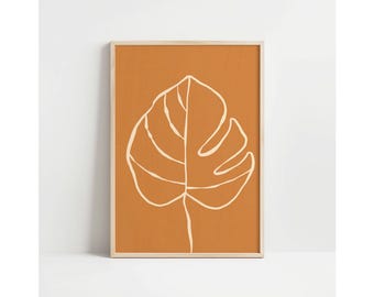 Line Art Print Monstera Leaf, tropisch-botanisch muurdecor, slaapkamerdecor verbrand oranje