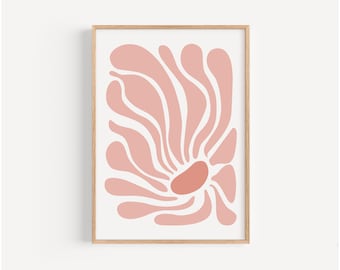 Retro Pink Flower Art Print, Vintage Floral Wall Decor, Boho Bedroom Decor