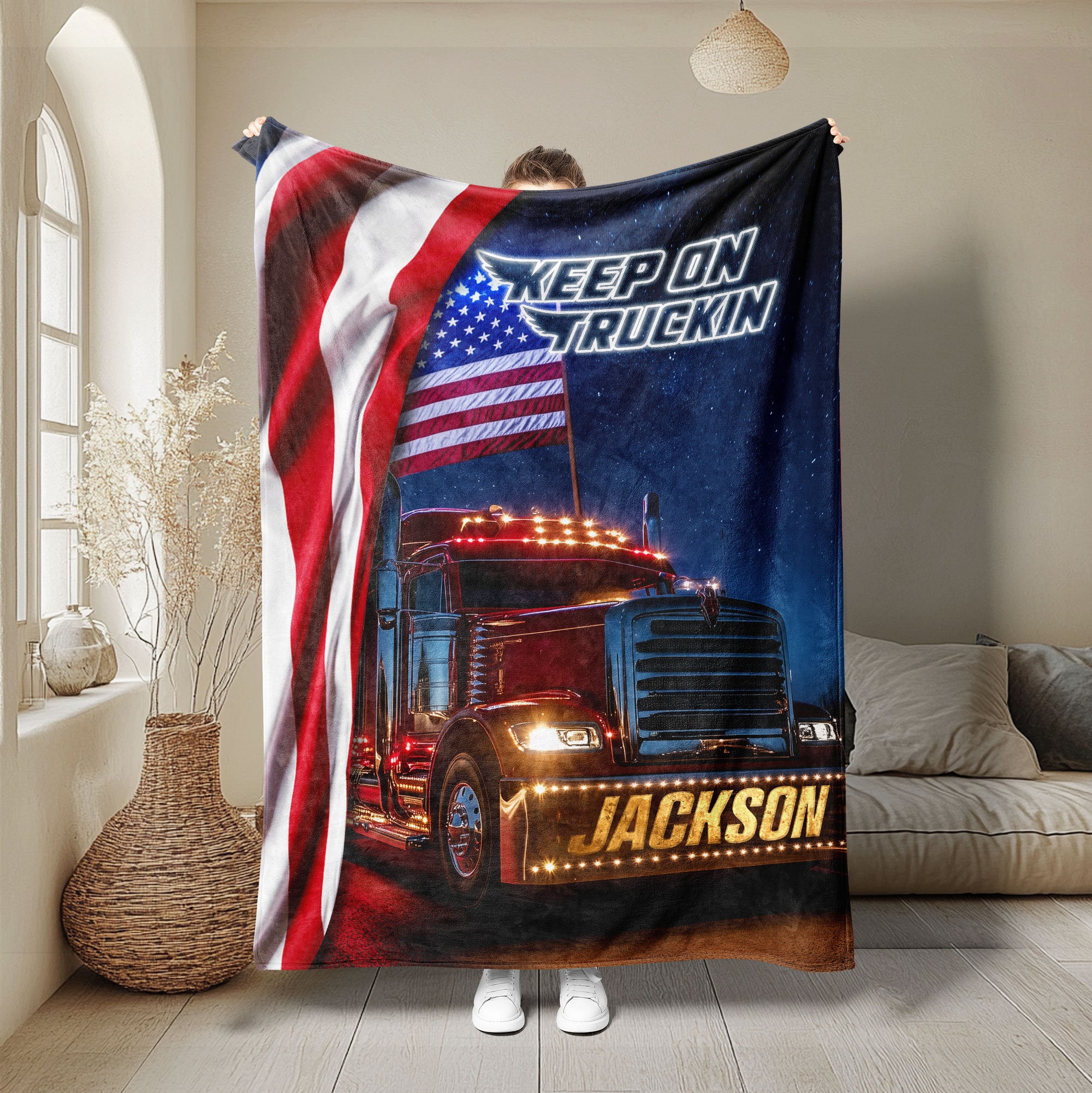 Personalized Truck Blanket, Keep On Truckin Blanket, Custom Name Soft Cozy Sherpa Fleece Throw Blankets, Gift For Trucker, Dad, Husband, Son