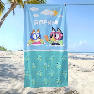 Personalized Bluey Beach Towel, Custom Name Beach Towel, Towel for Kids Toddlers, Bluey Cartoon Towel Gift For Kids, Summer Vacation Gifts