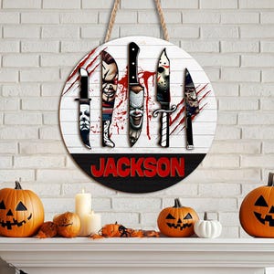 Custom Halloween Sign | Horror Movie Fan Gift | Spooky Door Hanger | Halloween Knife Wreath | Personalized Halloween Decor