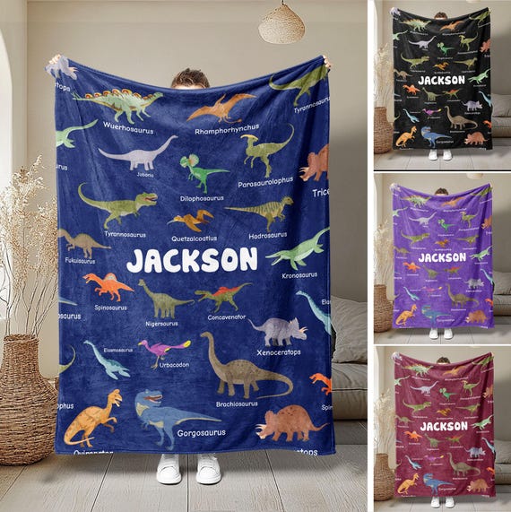 Personalized Dinosaur Blanket, Cute Dino Blanket, Custom Name Soft