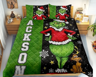 Personalized Grinch Quilt Bedding Set, Custom Name Grinch Quilt Blanket & Pillowcases, Grinch Christmas Quilt, Grinch Christmas Gift