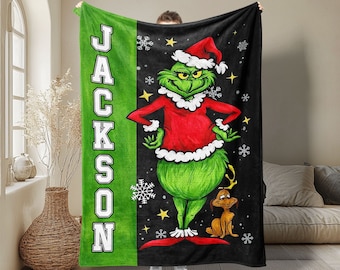Personalized Grinch Blanket, Custom Grinch Christmas Soft Cozy Sherpa Fleece Throw Blanket, Grinch Face Blanket, Christmas Gift for Family