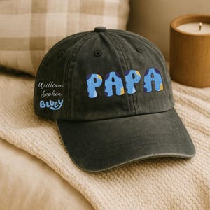 Personalized Bluey Dad Embroidered Cap, Bluey Family Embroidered Hat, Custom Kids Name Cap, Bluey Mom Cap, Bluey Dad Hat, Gift for Mom, Dad
