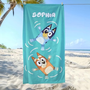 Personalized Bluey Beach Towel, Custom Name Beach Towel, Towel for Kids Toddlers, Bluey Cartoon Towel Gift For Kids, Summer Vacation Gifts