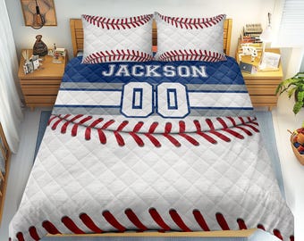Personalized Baseball Quilt Set, Baseball Quilt Blanket & Pillowcase, Custom Name Number Quilt Bedding Set, Gift for Dad, Husband, Son, Kid