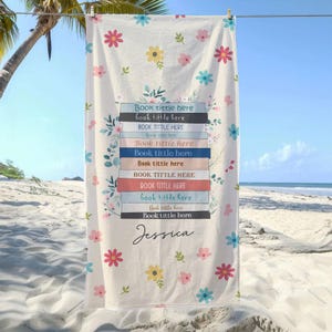 Personalized Floral Book Beach Towel, Custom Books Tittle & Name Towel, Gift for Book Lover, Favorite Book Reader Gif, Bool Club Summer Trip
