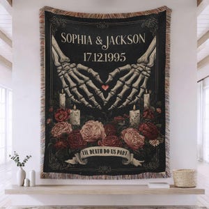 Personalized Skeleton Couple Woven Blanket, Custom Gothic Wedding Blanket, Till Death Blanket, Anniversary Gift for Couple, Couple Gift