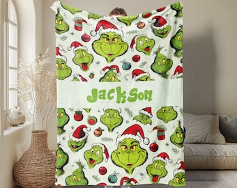 Personalized Grinch Blanket, Custom Grinch Christmas Soft Cozy Sherpa Fleece Throw Blanket, Grinch Face Blanket, Christmas Gift for Family
