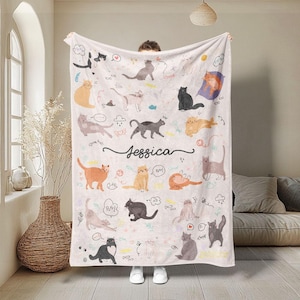 Personalized Cat Blanket, Custom Name Soft Cozy Sherpa Fleece Throw Blanket, Gift for Cat Mom, Cat Dad, Cat Lover