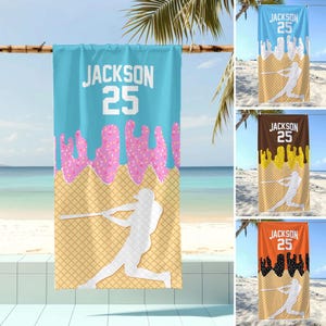 Personalized Ice Cream Drip Baseball Beach Towel, Baseball Pool Towel, Baseball Team Gifts, Custom Towel For Baseball Player, Kids