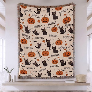 Personalized Retro Halloween Throw Blanket, Custom Woven Cat Pumpkin Throw Blanket, Vintage Halloween Decor , Midcentury Modern Blanket