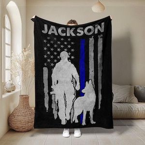 Personalized Thin Blue Line Blanket, Custom Name Police Officer and K9 Dog American Flag, Police Officer Gift for Him or Her