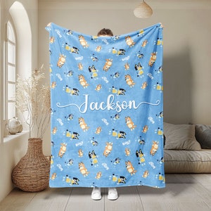 Personalized Bluey Blanket, Bluey Family Soft Cozy Sherpa Fleece Throw Blankets, Bluey Birthday Blanket, Bluey Mom & Dad Blanket for Kids