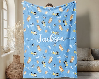 Personalized Bluey Blanket, Bluey Family Soft Cozy Sherpa Fleece Throw Blankets, Bluey Birthday Blanket, Bluey Mom & Dad Blanket for Kids