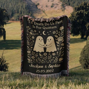 Ghost Couple &#39;Till Death Do Us Part&#39;, Personalized Wedding Blanket Spooky Halloween Tapestry Woven Ghost Gifts His & Hers Anniversary Gifts