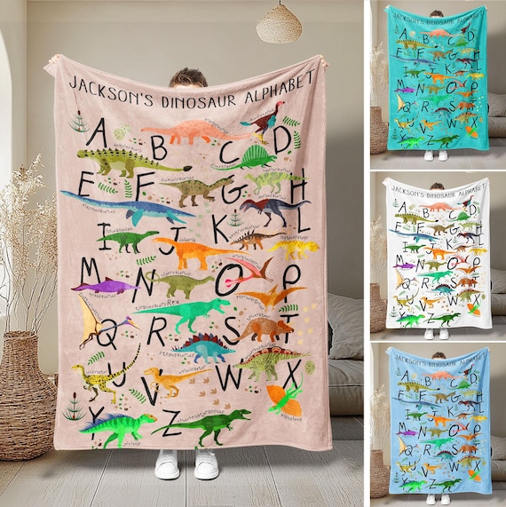 Personalized Dinosaur Alphabet Blanket, Cute Dino Blanket, Custom