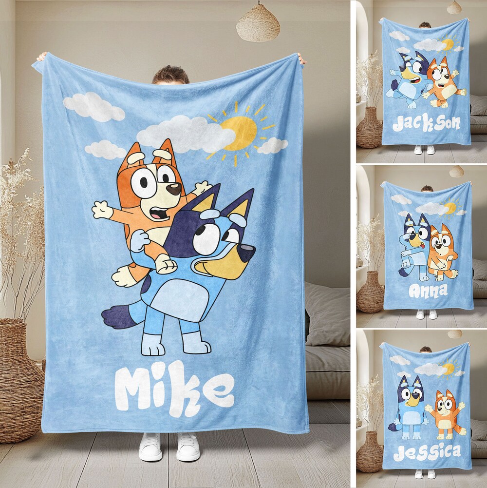 Personalized Bluey Blanket, Bluey Family Soft Cozy Sherpa Fleece Throw Blankets, Bluey Birthday Blanket, Bluey Mom & Dad Blanket For Kids Trendy Fashion