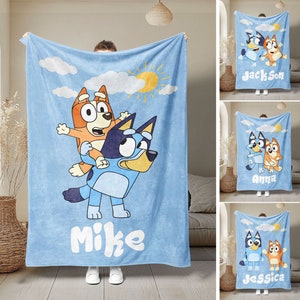 Personalized Bluey Blanket, Bluey Family Soft Cozy Sherpa Fleece Throw Blankets, Bluey Birthday Blanket, Bluey Mom & Dad Blanket for Kids