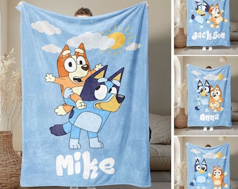 Personalized Bluey Blanket, Bluey Family Soft Cozy Sherpa Fleece Throw Blankets, Bluey Birthday Blanket, Bluey Mom & Dad Blanket for Kids