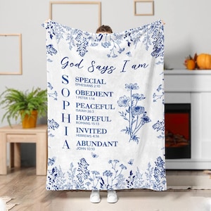 God Says I Am Name Letter In Bible Toile De Jouy Style, Personalized Christian Blanket, Scripture Throw Blanket, Religious Gift For Her