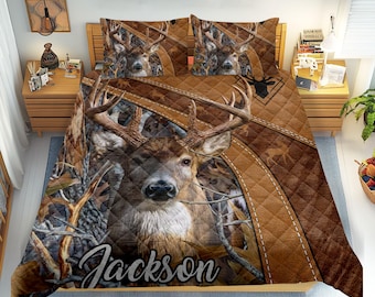Personalized Deer Hunting Quilt Set, Hunting Quilt Blanket & Pillowcases, Custom Name Quilt Bedding Set, Gift for Grandpa, Dad, Husband, Son