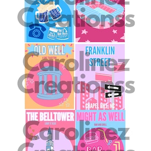 May include: Four colorful illustrations of places in Chapel Hill, North Carolina. The top left illustration is a blue and white bar called "He's Not Here" with a phone and two beer mugs. The top right illustration is a pink football stadium called "Kenan-Flagler". The bottom left illustration is a pink and orange building called "Old Well" with a star. The bottom right illustration is a blue and pink bar called "Might As Well" with a burger and a martini glass.