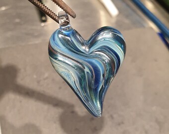 Lampwork Boro Glass Pendant - Focal Bead - HEART teal aqua sparkle