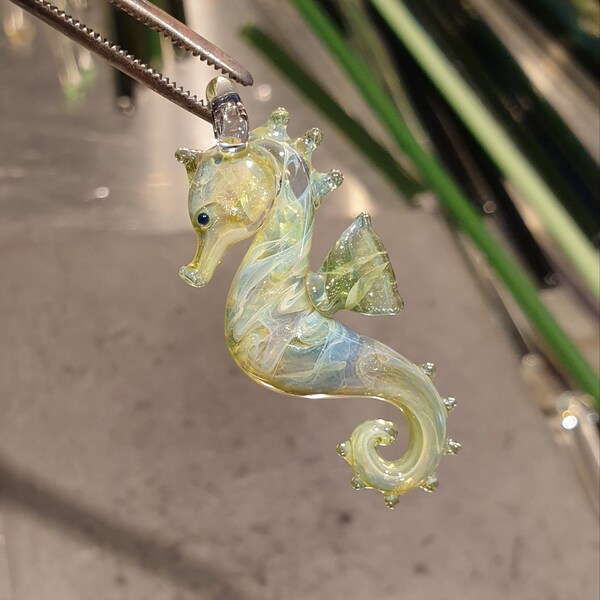 Lampwork Boro Glass Pendant - Focal Bead - small SEAHORSE light seafoam green
