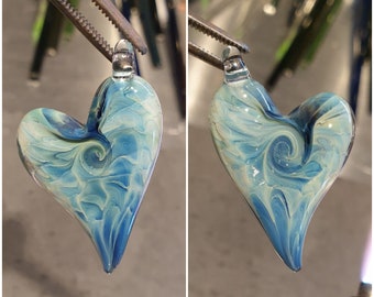 Lampwork Boro Glass Pendant - Focal Bead - HEART turquoise aqua blue